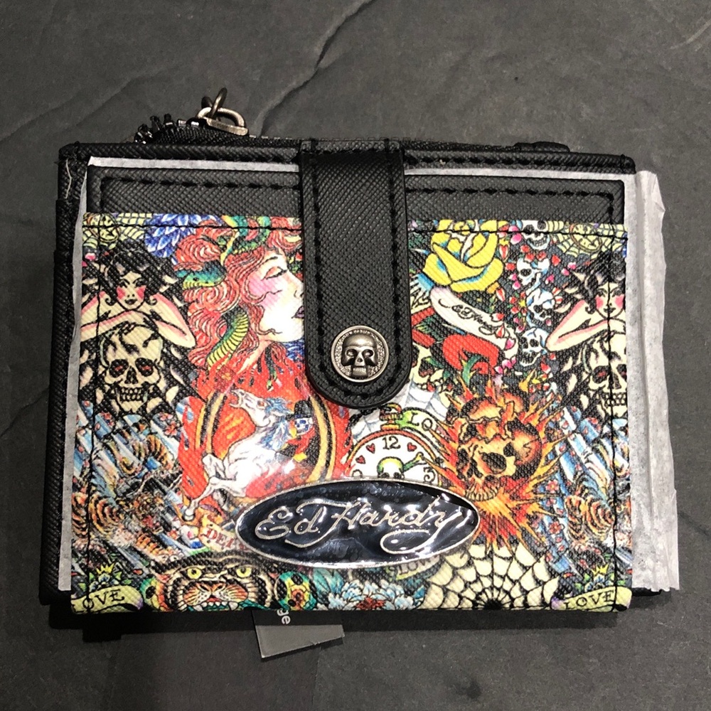 Ed Hardy black bifold ed hardy‎ multi graphics print slim card case brand new